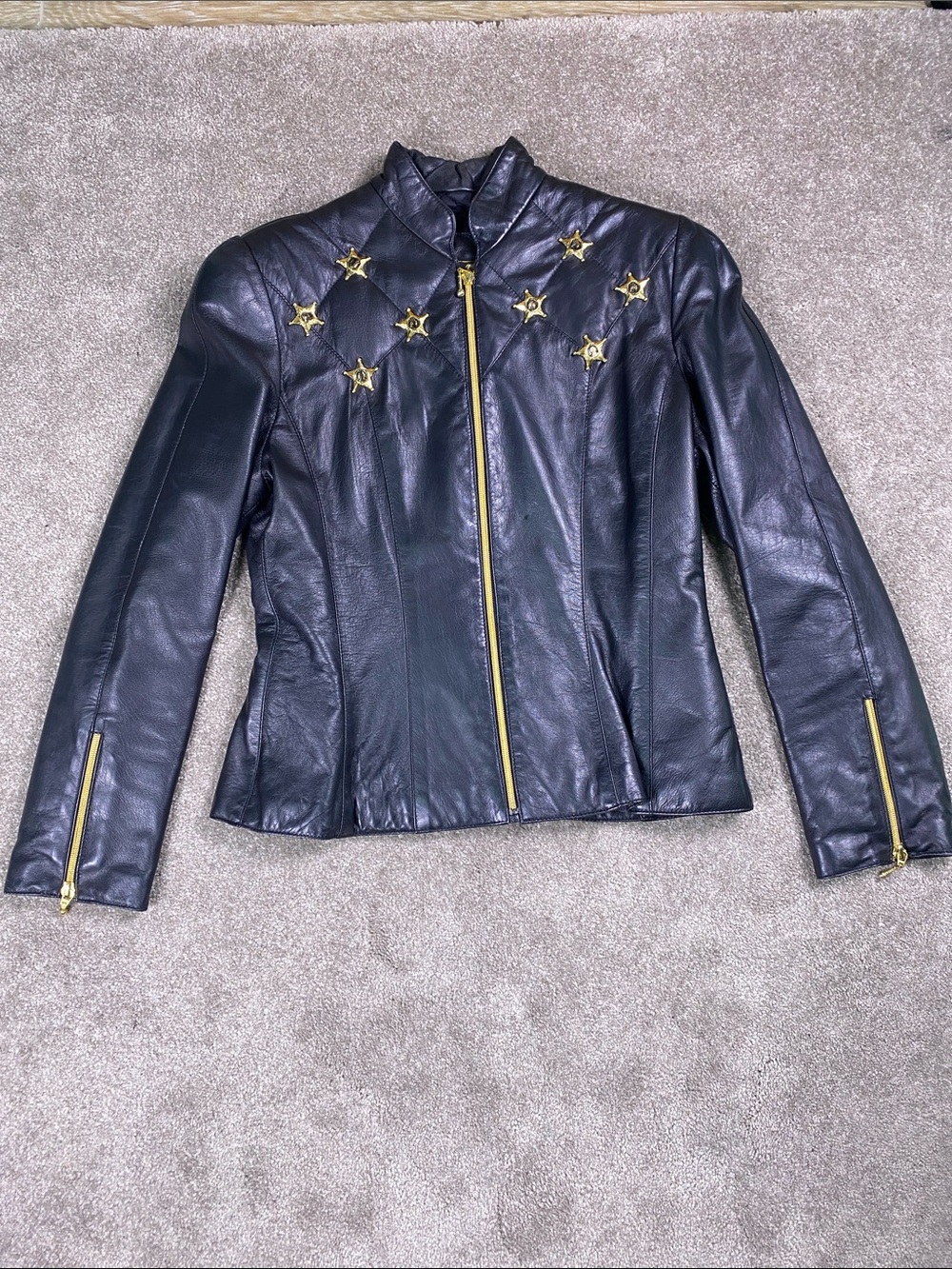 VTG Women’s Oliver by Valentino Leather Moto Jacket Brass Zippers  Med Size 44